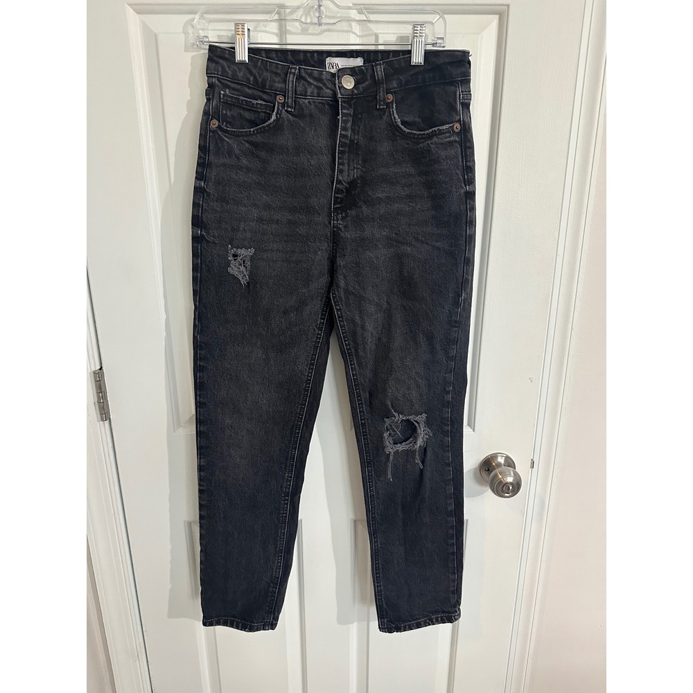 Zara Women's Ripped Black Wash Denim‎ Jeans Distressed Slim Fit Size 8
